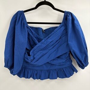 Express Blue Puff Sleeve Peplum Blouse Smocked Ruffle Hem Draped Front Top large